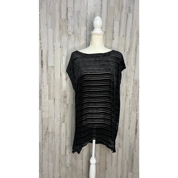 Eileen Fisher Women's Black Velvet Burnout Stripe Cap Sleeve Blouse Medium - Picture 2 of 7
